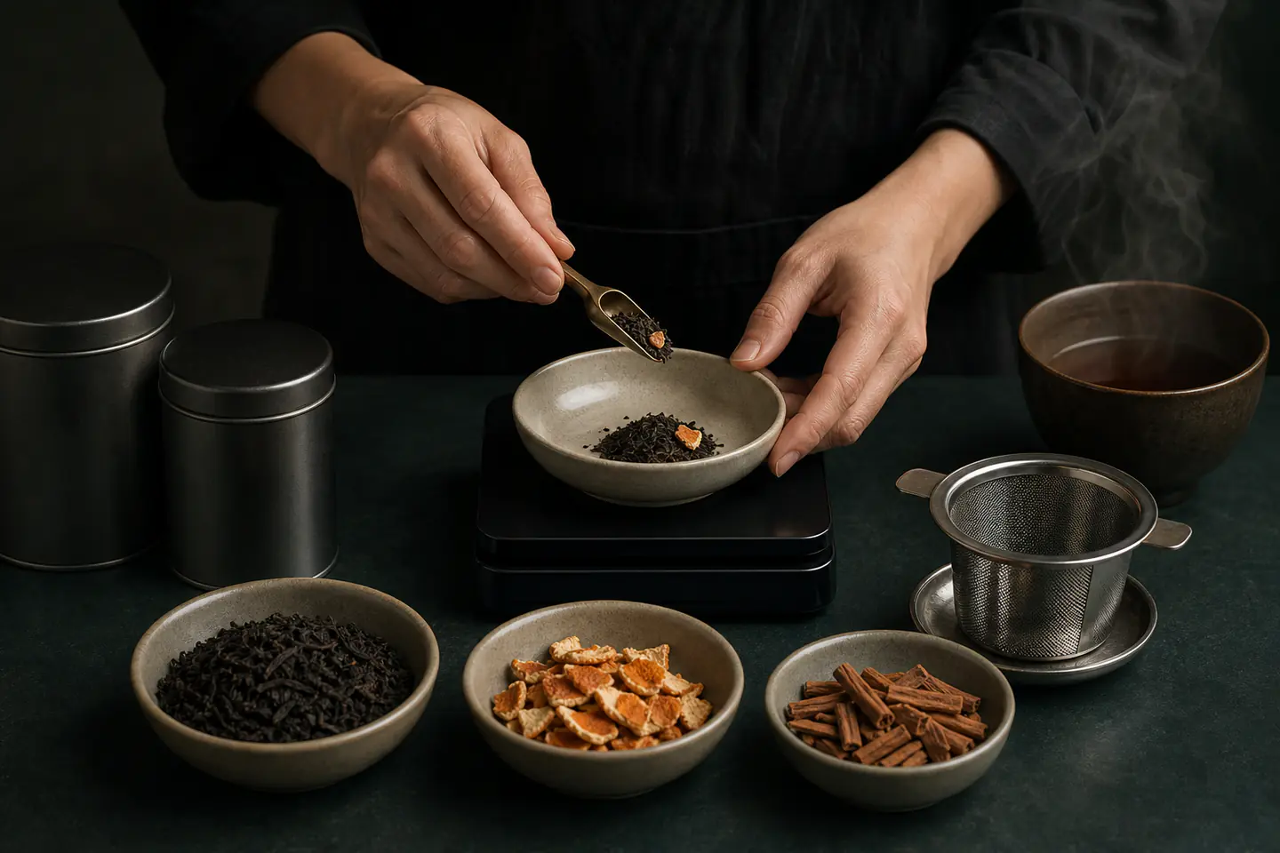 Hands weighing small portions of loose-leaf tea from three bowls beside a basket infuser and cup