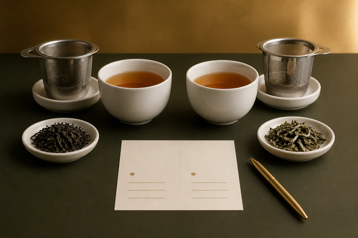 Two identical white tasting cups with loose leaf tea, basket infuser, timer and a simple flavour note card on a dark table
