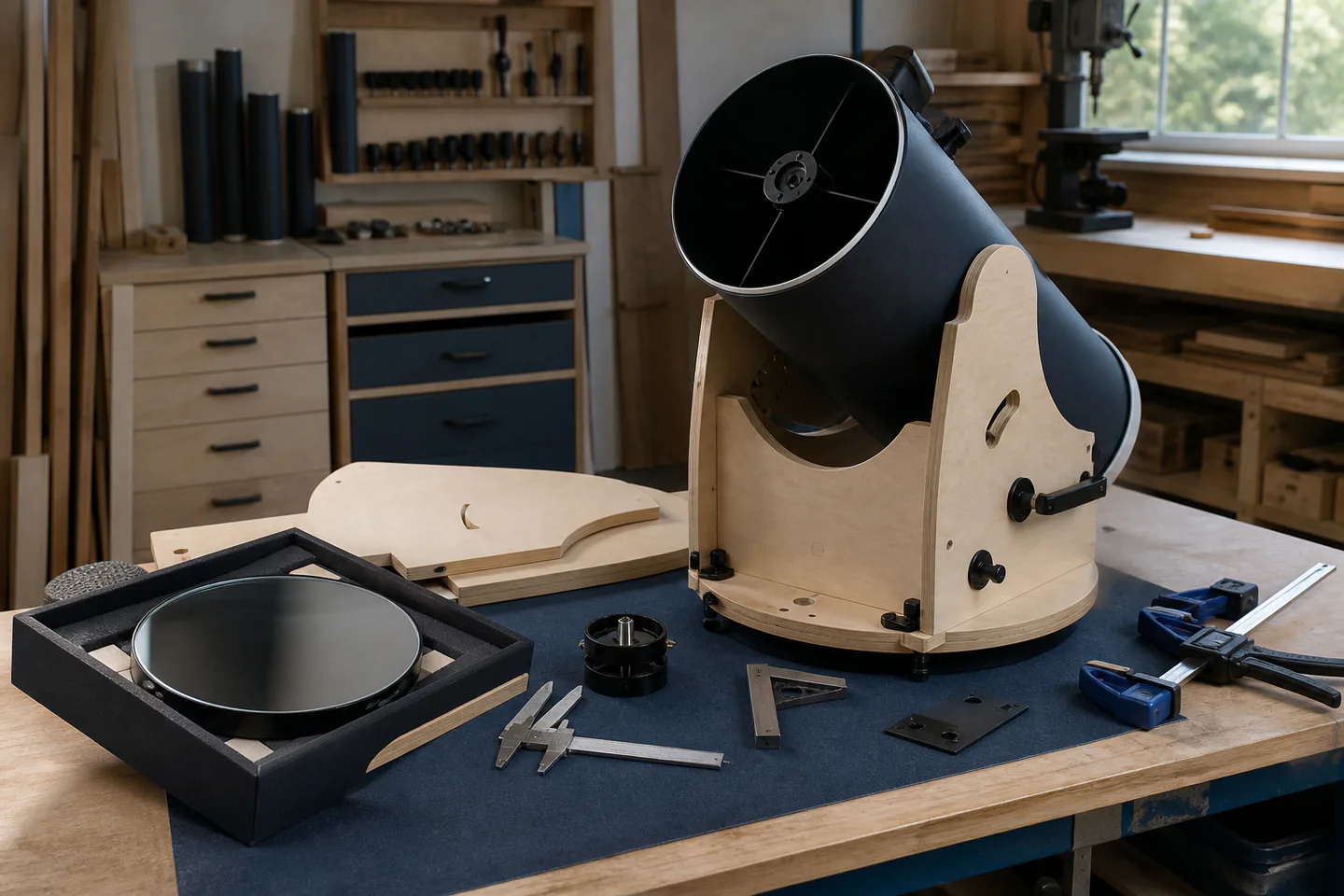 Partly assembled compact Dobsonian telescope with plywood rocker box, capped mirror in a padded tray, clamps, square, caliper and collimation cap