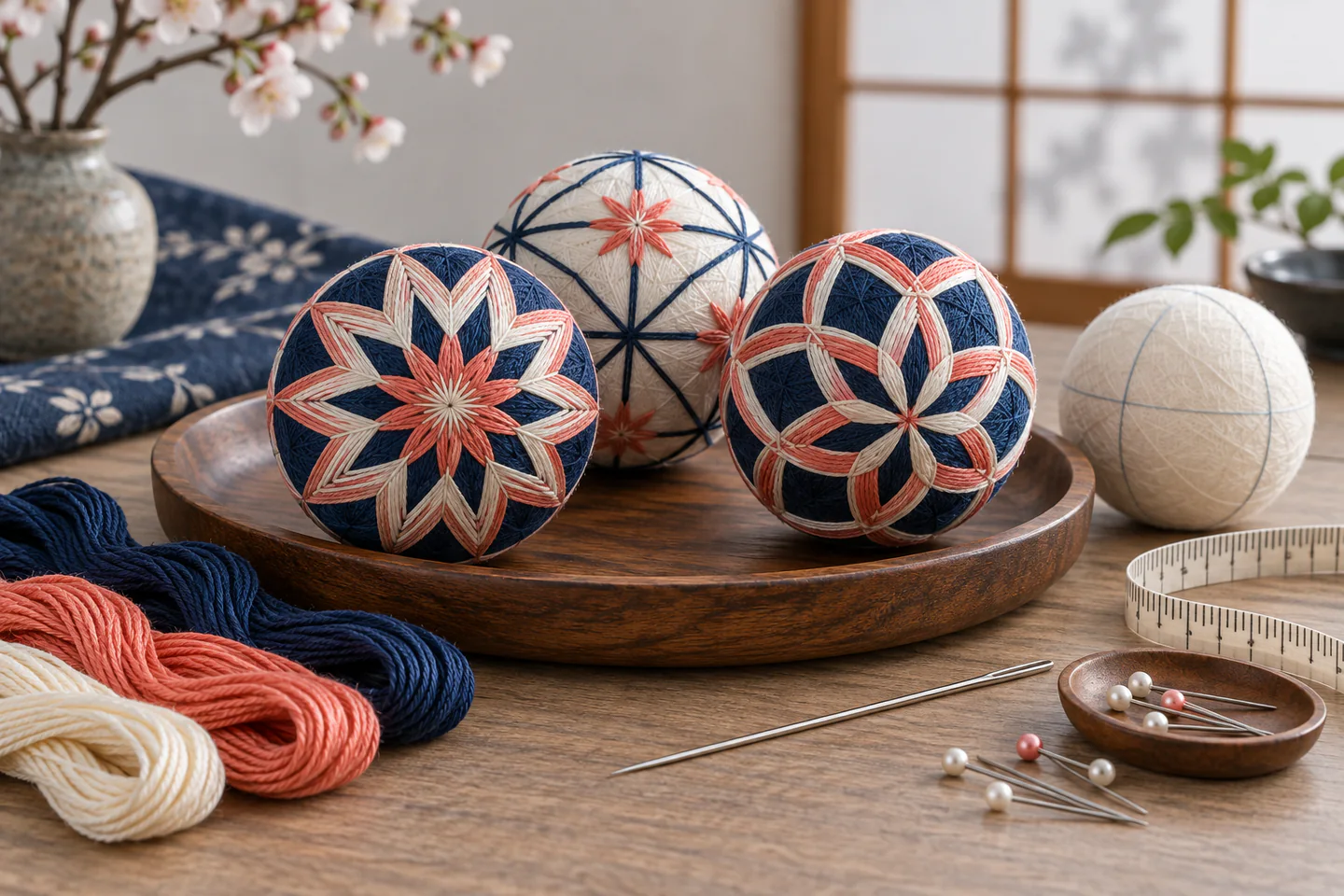 Three geometric Japanese thread balls beside a plain wrapped core, pearl cotton, long needle, pins and a measuring strip