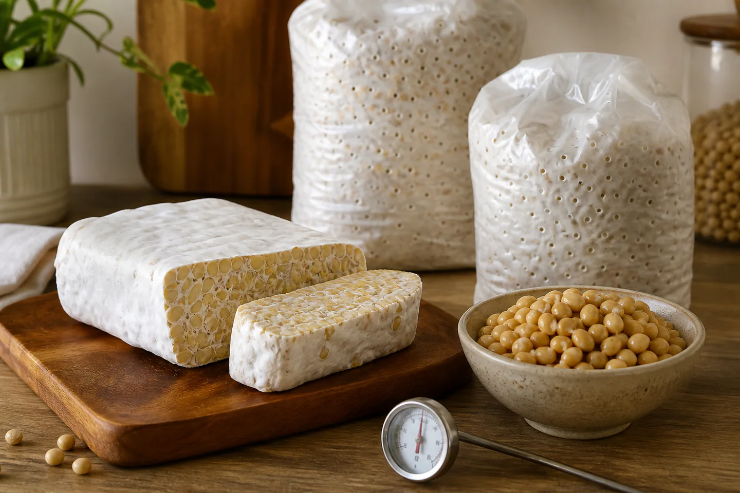 Finished white soybean tempeh cake beside dried soybeans, a thermometer and a small vented incubation tray