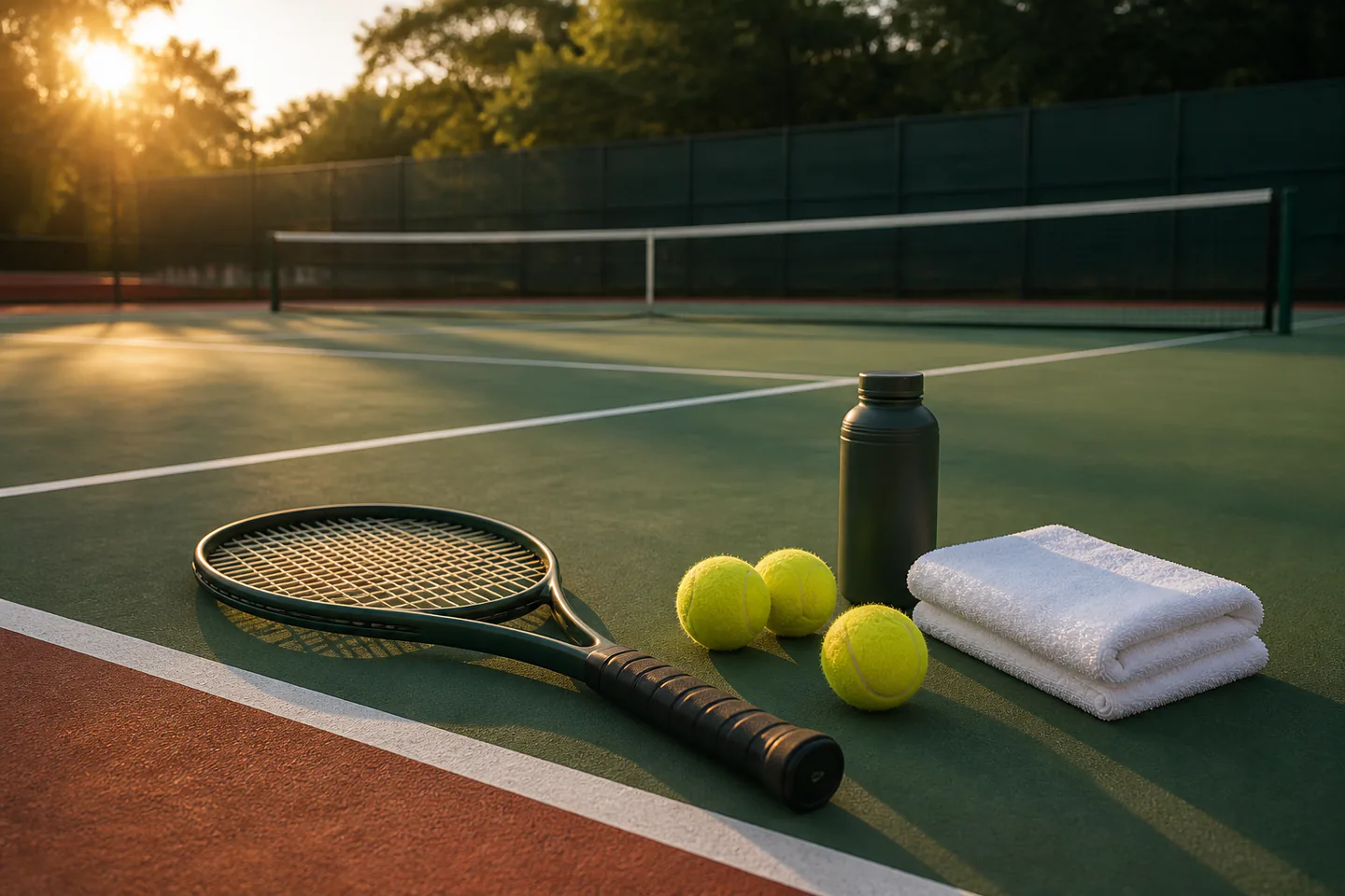 Adult tennis racket and three yellow balls beside court lines and a water bottle on an empty outdoor court with no people or text