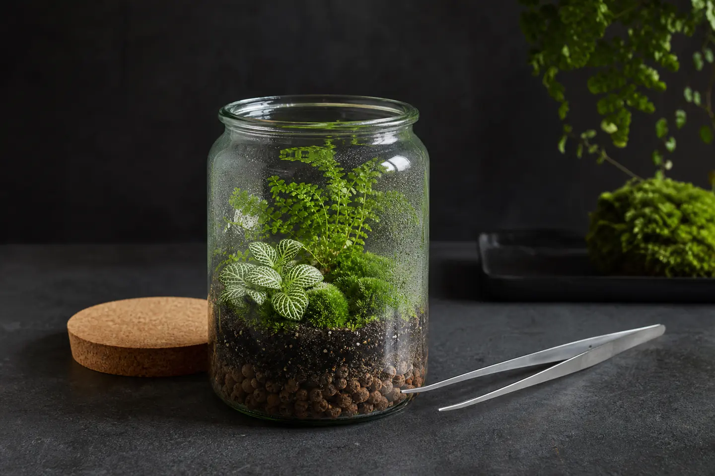 A wide glass jar containing moss, fittonia and a small fern with visible substrate layers on a dark table beside long terrarium tweezers