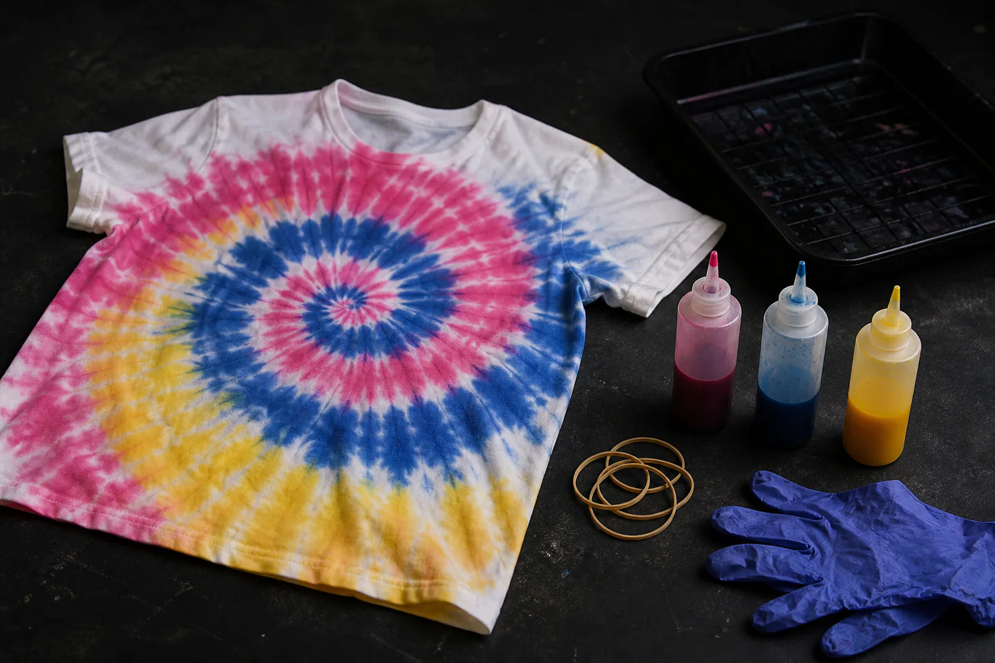 A freshly unfolded cotton T-shirt with a restrained pink, blue and yellow spiral pattern beside dye bottles and rubber bands on a protected table, no people, logos or text