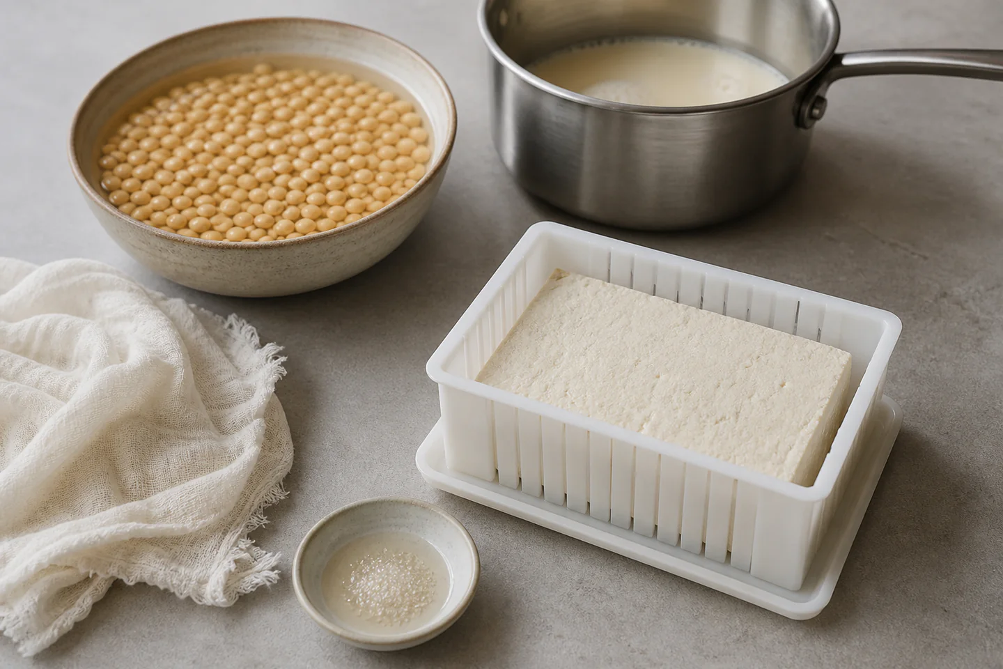 Fresh block of tofu in a cloth-lined tofu mould beside soybeans, food-grade nigari and a kitchen thermometer