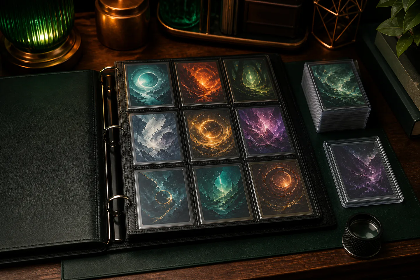 Generic sleeved trading cards beside a zip binder, plain deck box and two-player learn-to-play layout with no copyrighted characters or readable text
