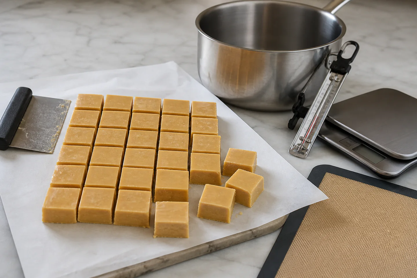 Cut squares of plain fudge beside a heavy saucepan, confectionery thermometer, digital scale and silicone mat