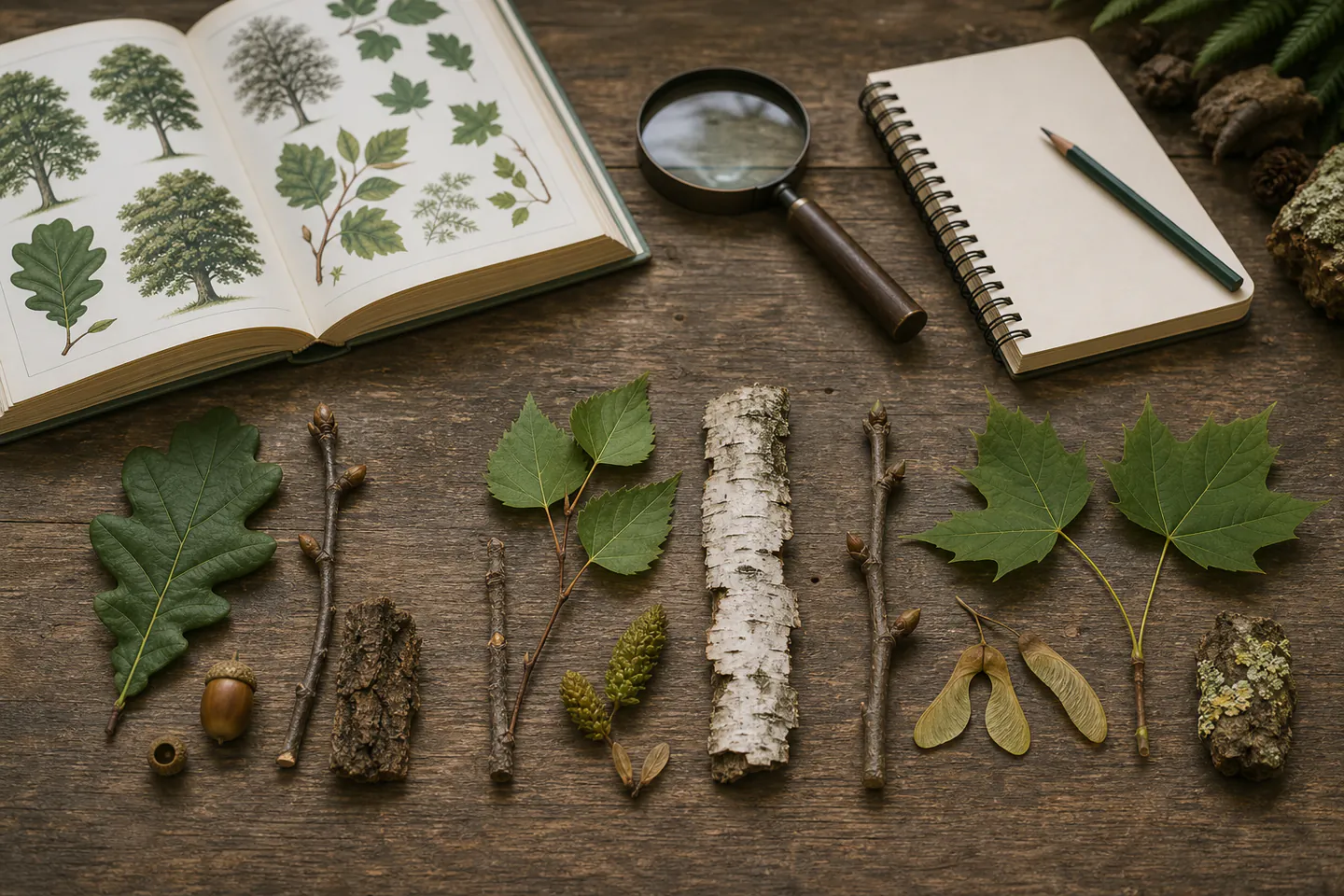 Tree bark, fallen leaf, twig and seed arranged beside a field guide and blank notebook in woodland