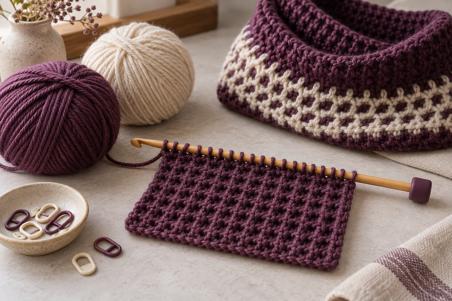A long Tunisian crochet hook holding a honeycomb-textured swatch beside yarn, stitch markers and a folded cowl