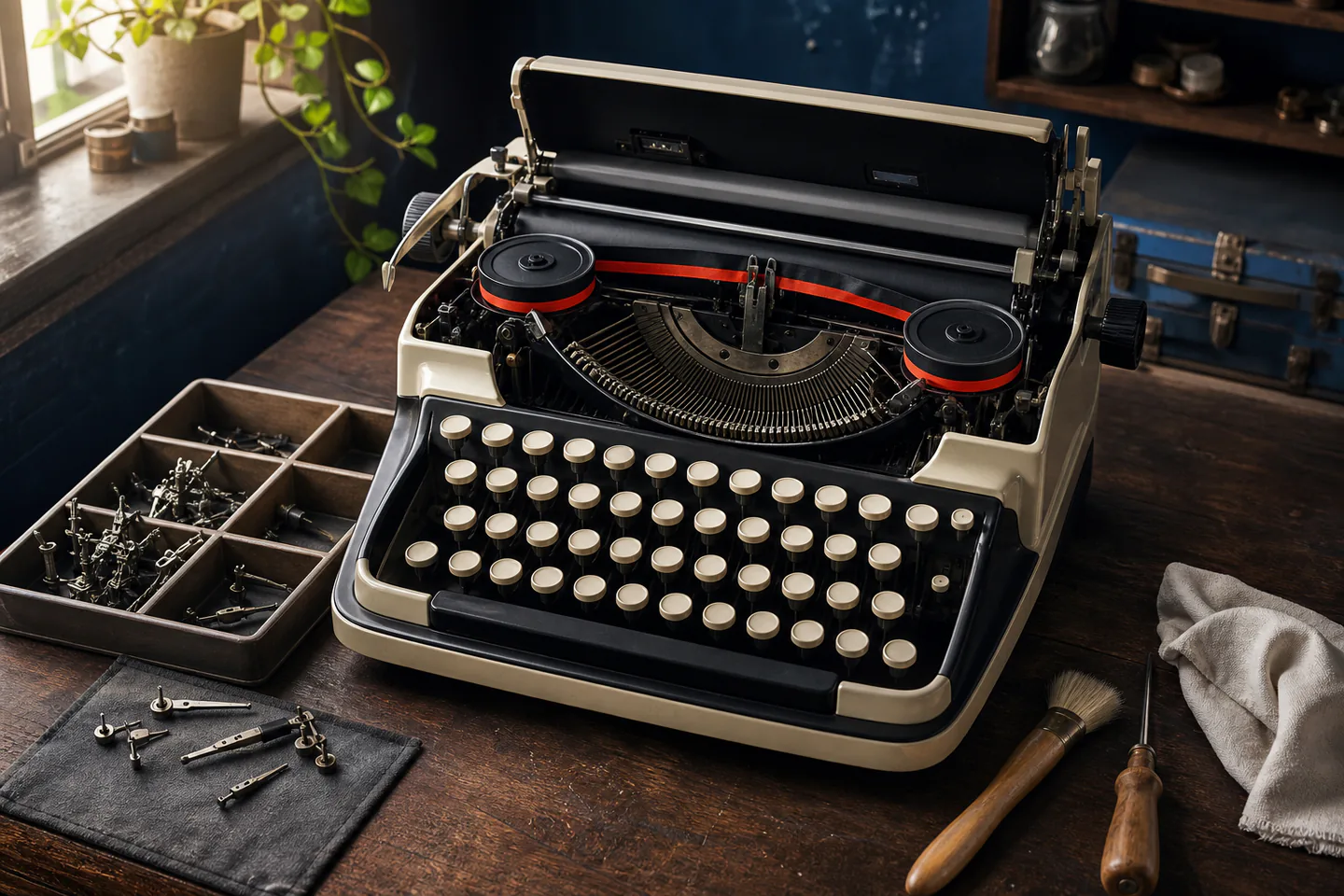 Unoccupied manual typewriter with carriage centred beside new ribbon, soft brush, labelled screw tray, cotton cloth and typing test sheet