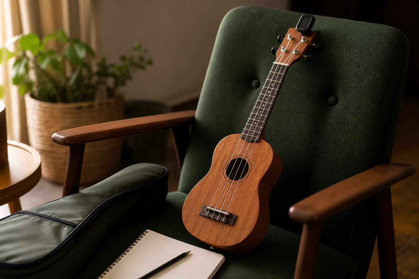 Natural mahogany soprano ukulele beside discreet clip-on tuner, felt pick and open beginner chord notebook on a dark fabric chair with no people, logos or text
