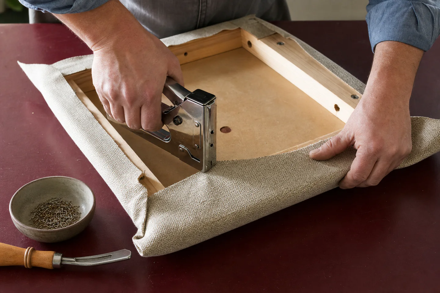 Hands stretching plain woven upholstery fabric over a removable dining chair seat pad beside a manual staple gun and tack lifter