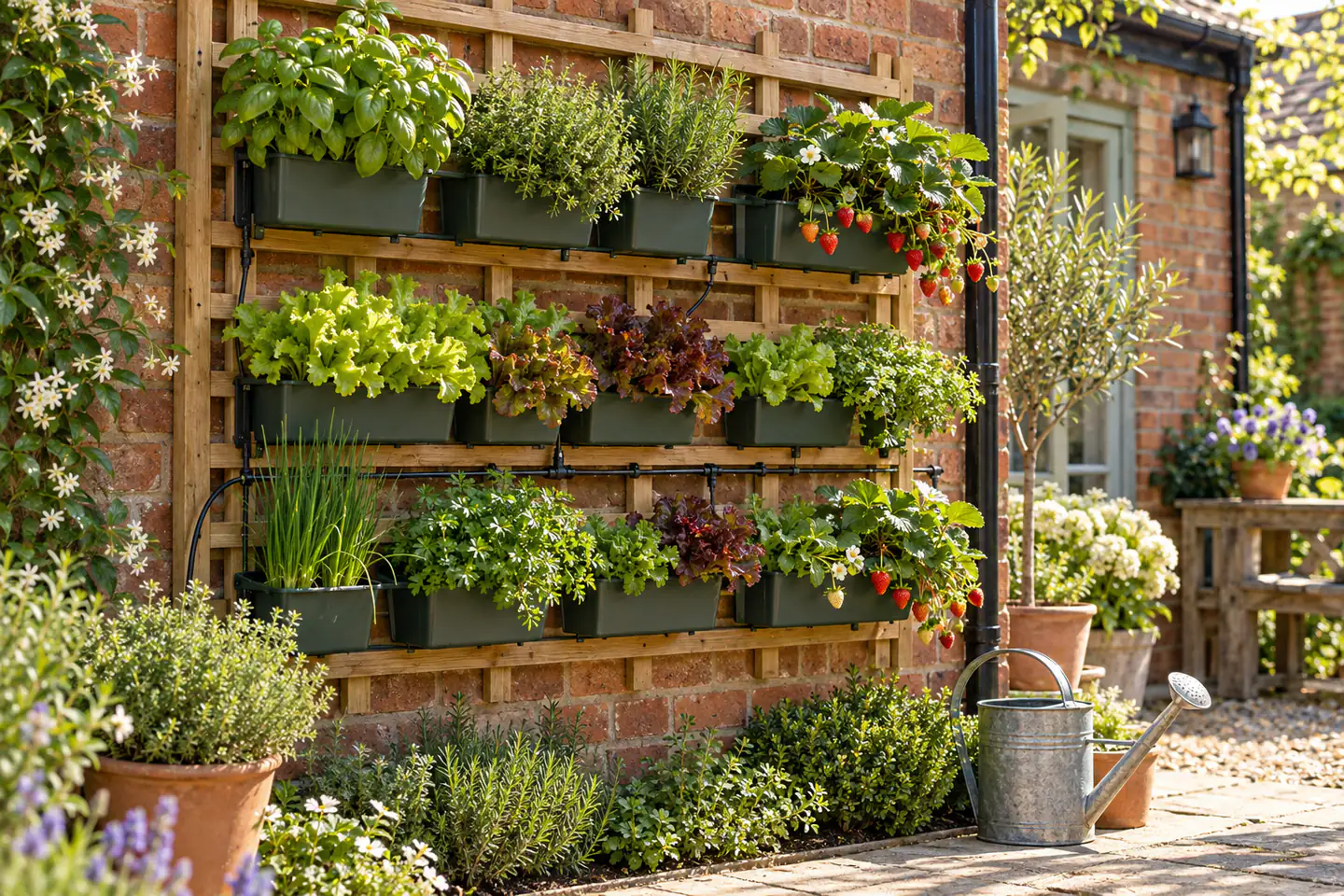 A carefully arranged beginner vertical gardening workspace showing the core materials, tools and one small finished example