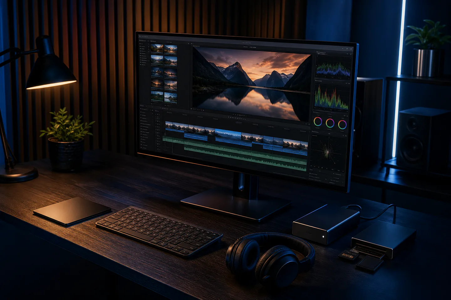 Desktop monitor with a generic video-editing timeline, original landscape clips, waveforms and colour scopes beside headphones and an external memory card