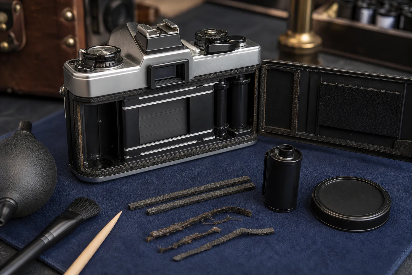 Unbranded vintage 35 mm camera with back open and shutter protected beside light-seal foam, bamboo picks, tweezers, blower and labelled screw tray
