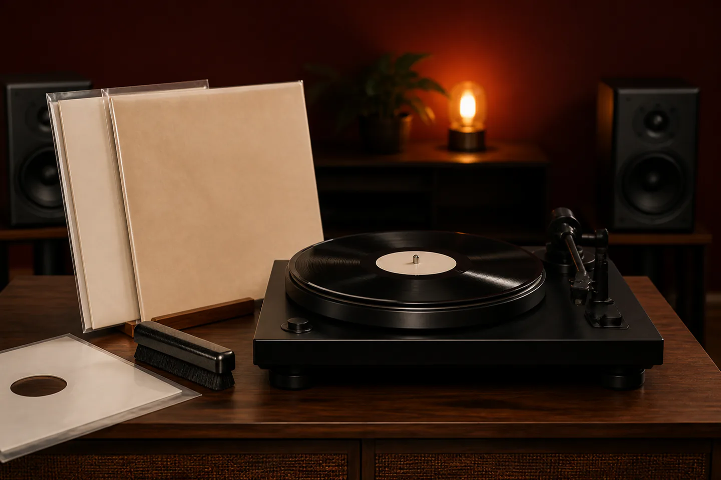 Simple turntable playing an unbranded black record beside three plain sleeves, a carbon brush and compact powered speakers with no people or text