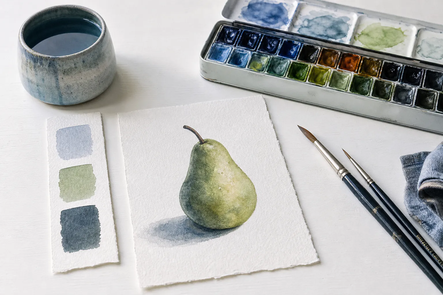 Small watercolour still life of a pear beside an open pocket palette, round brushes, ceramic water jar and textured paper with no text