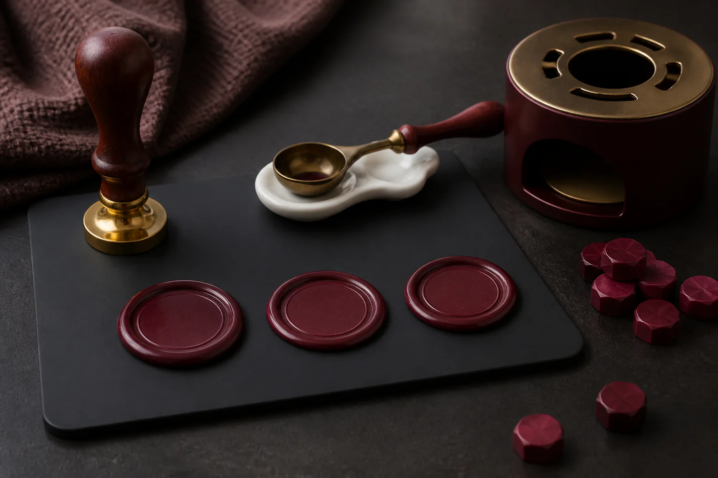 Three neat burgundy wax seals cooling on a silicone mat beside a brass stamp, sealing-wax beads and an unlit warmer, no hands, flame, logos or text