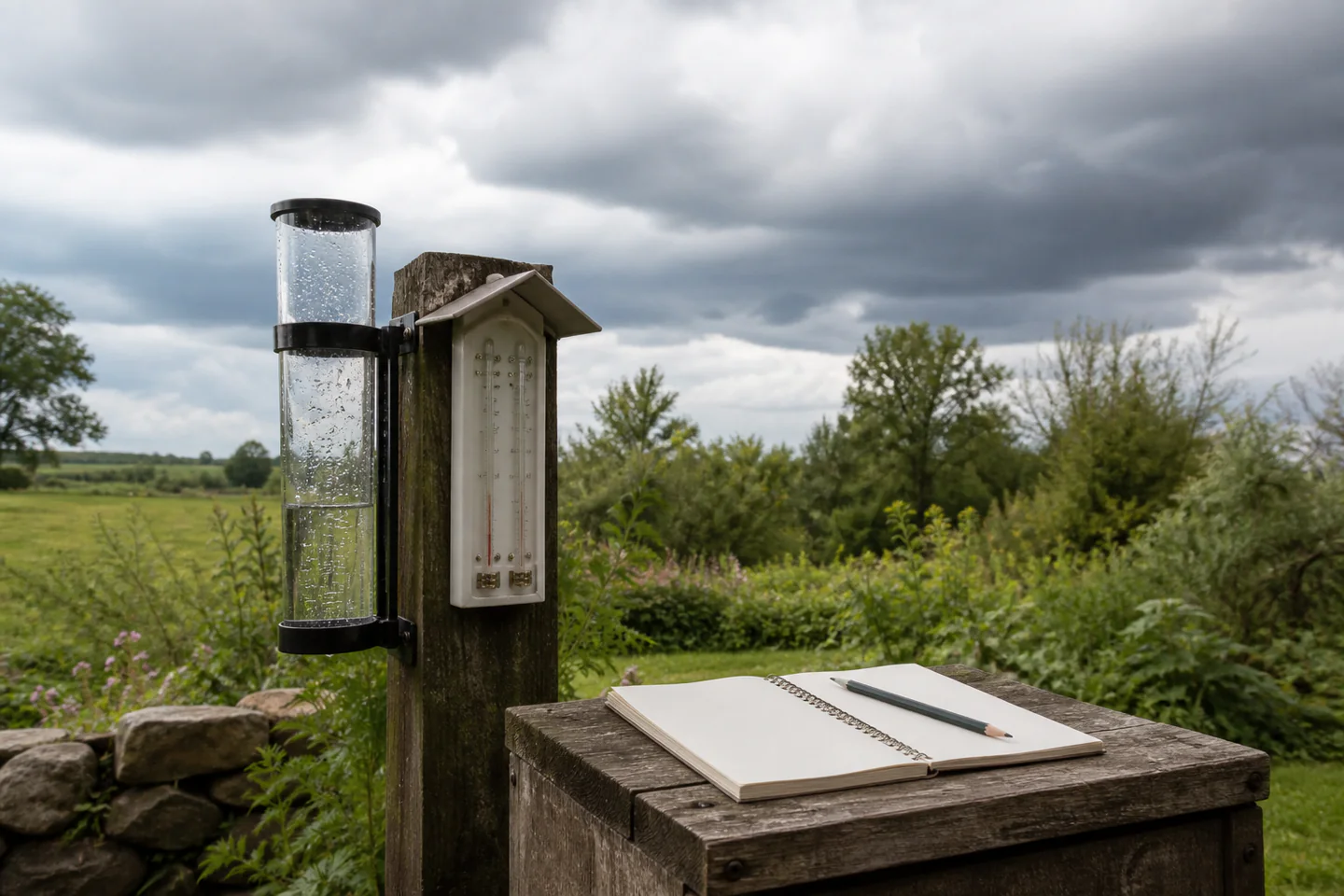 Outdoor thermometer and rain gauge beside a blank weather notebook under a changing sky