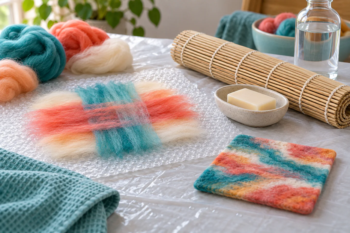 A finished wool felt square beside perpendicular layers of merino fibre, bubble mat, bamboo roll, soap dish and water bottle