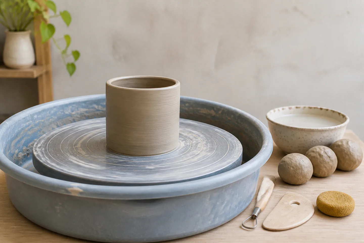 Pottery wheel with a centred clay cylinder beside water bowl, wire cutter, wooden rib and three recycled practice balls in an empty studio