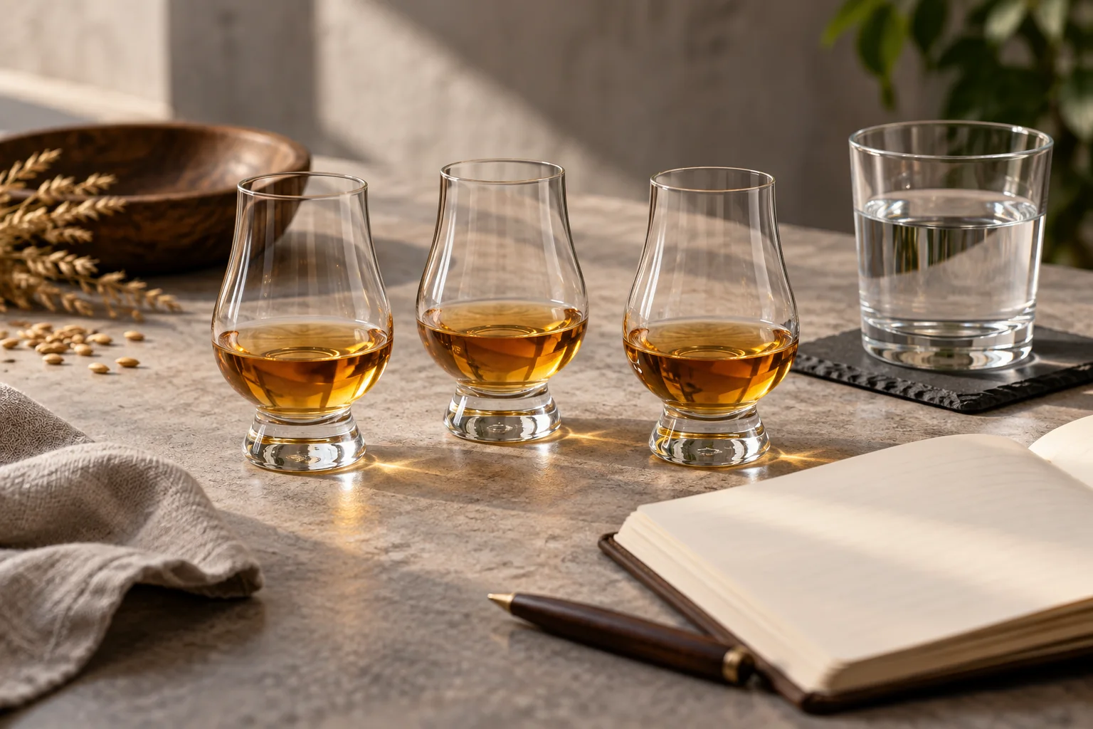 Three small glasses of amber whisky beside a glass of water and an open notebook on a wooden table
