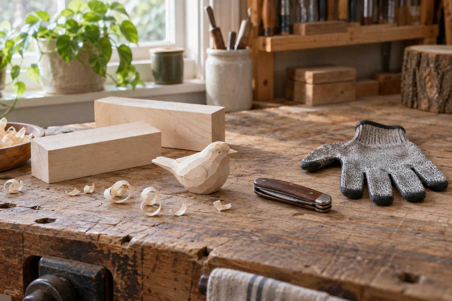 A carefully arranged beginner whittling workspace showing the core materials, tools and one small finished example