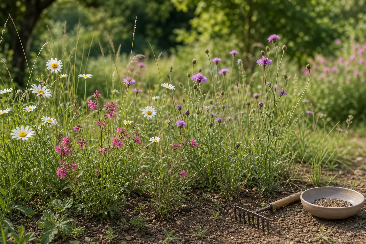 Small UK wildflower patch with oxeye daisies, knapweed and grasses beside a rake and plain seed bowl with no text