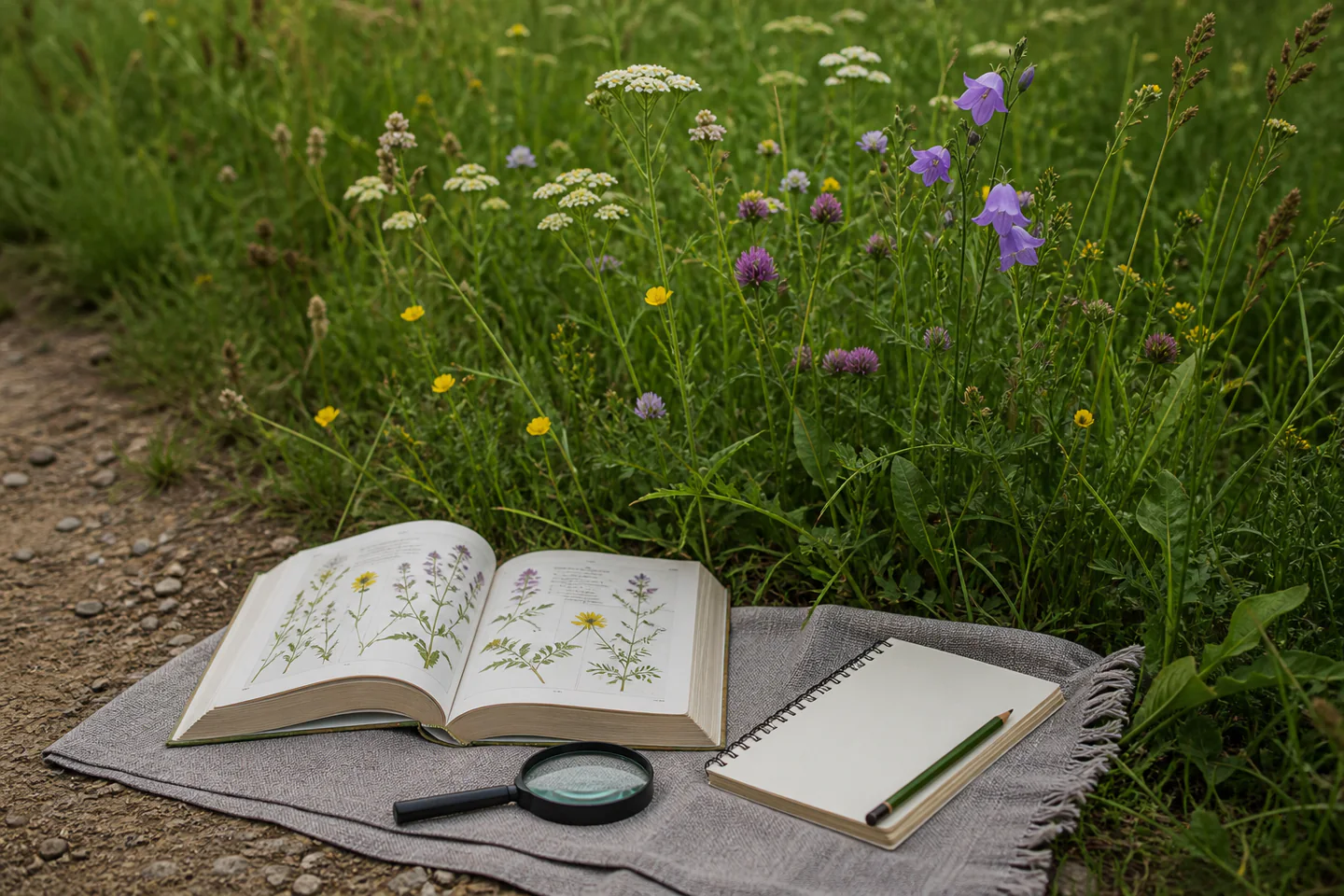 Common meadow wildflowers beside a field guide, magnifier and blank field notebook with all specimens left growing