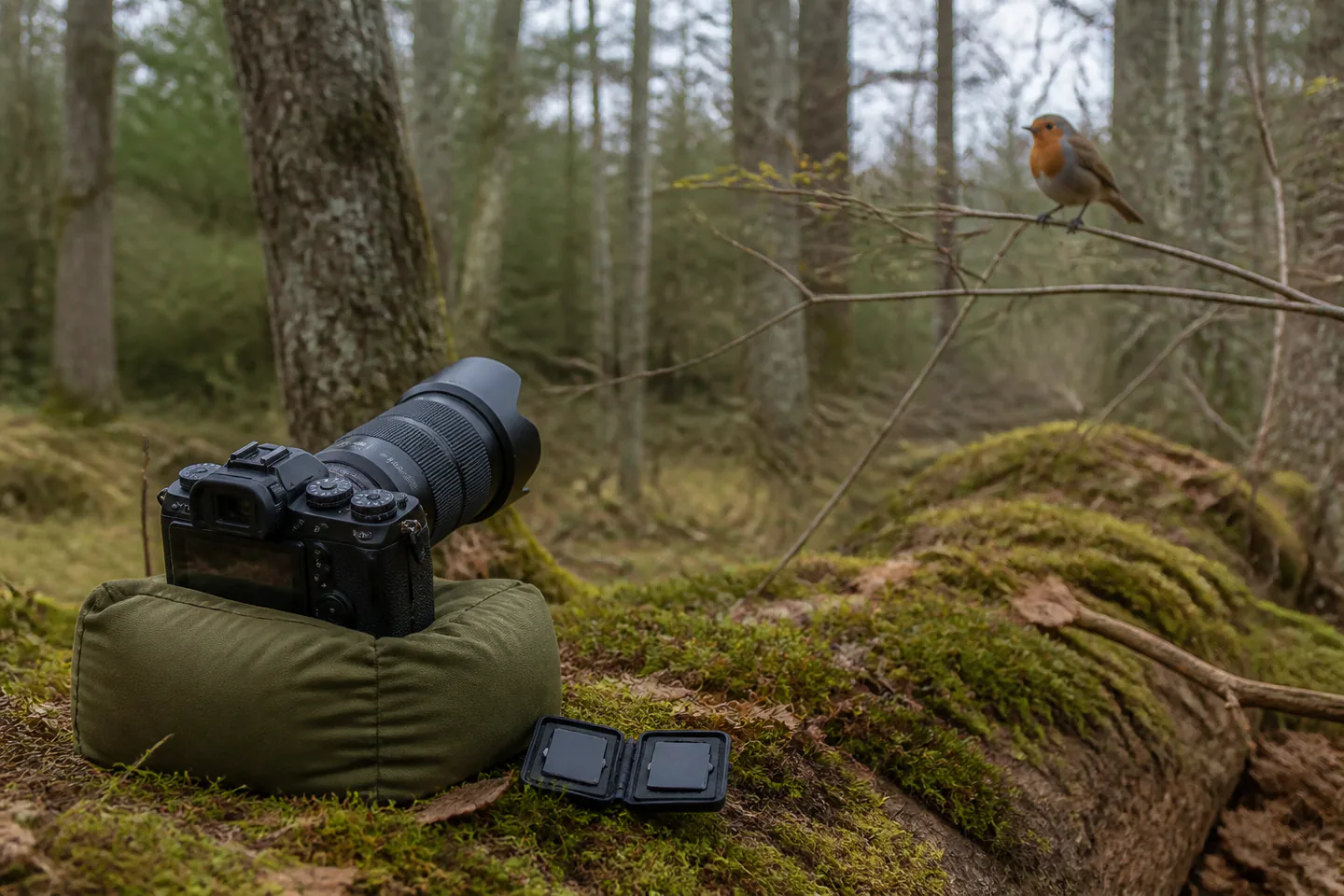 Mirrorless camera with telephoto zoom and memory card resting on a beanbag at the edge of quiet woodland with a distant robin on a natural branch