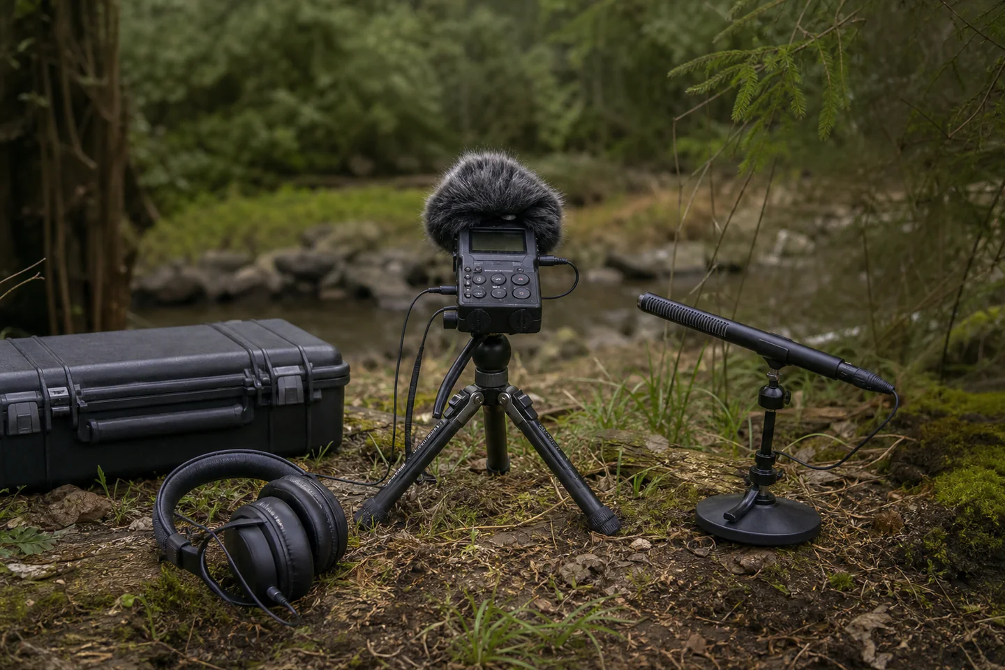 Portable audio recorder and small directional microphone on a low tripod beside headphones in woodland
