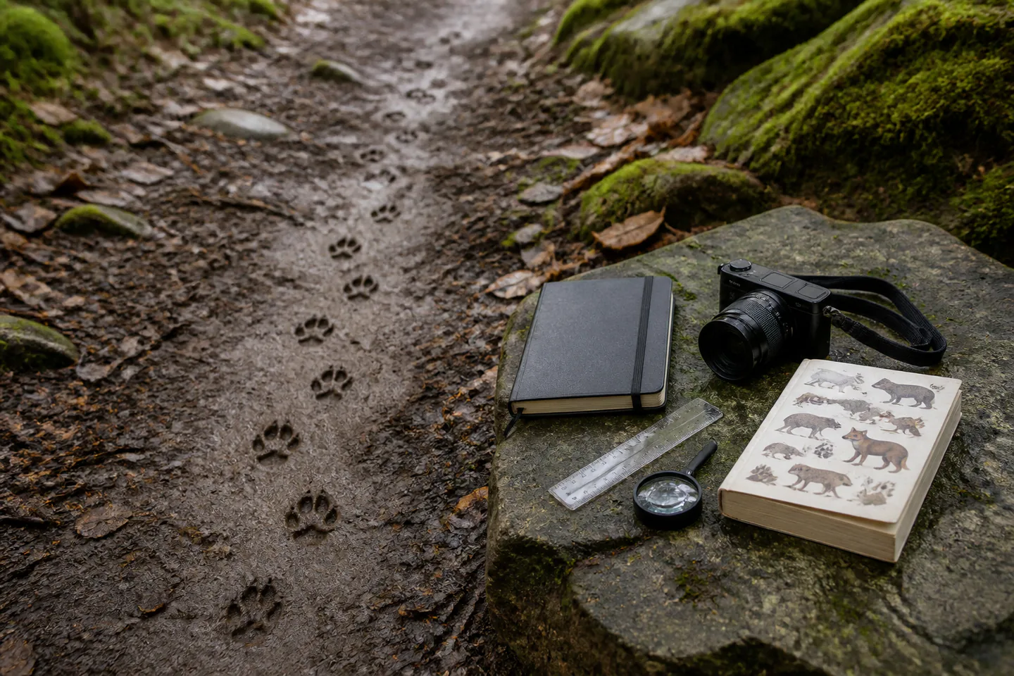 Muddy woodland trail with a line of small mammal footprints beside a closed field notebook, ruler, camera, hand lens and field guide