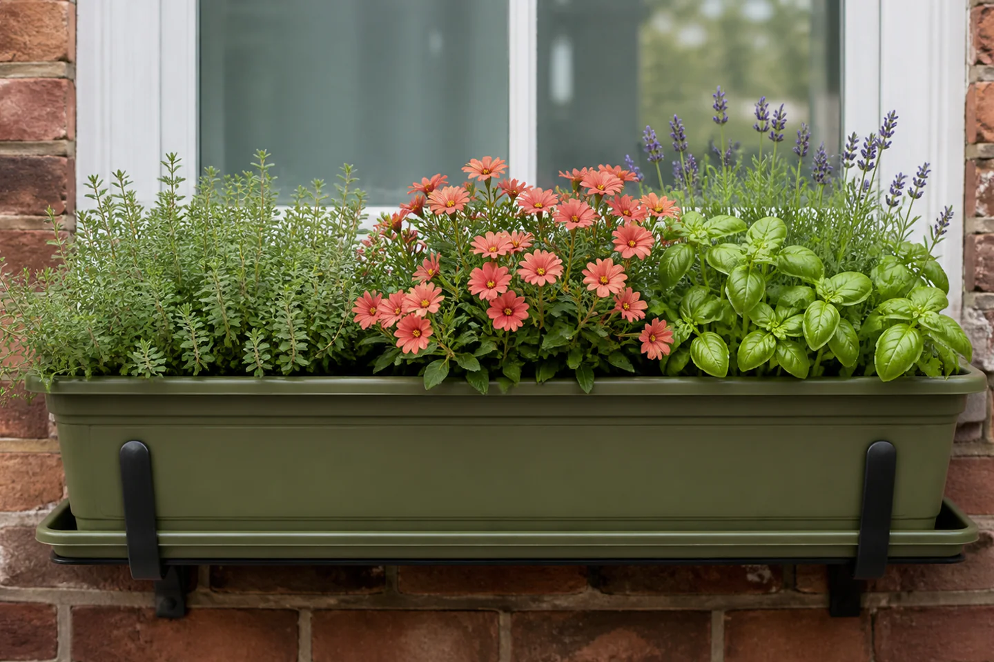 Securely bracketed window box planted with three spaced groups of herbs and compact flowers