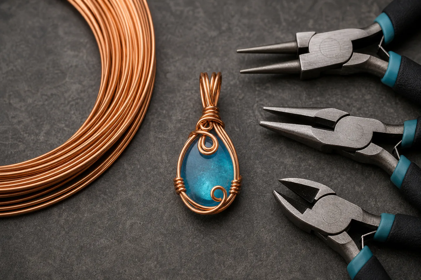 A simple copper wire-wrapped bead pendant beside round-nose pliers, chain-nose pliers, flush cutters and a coil of craft wire