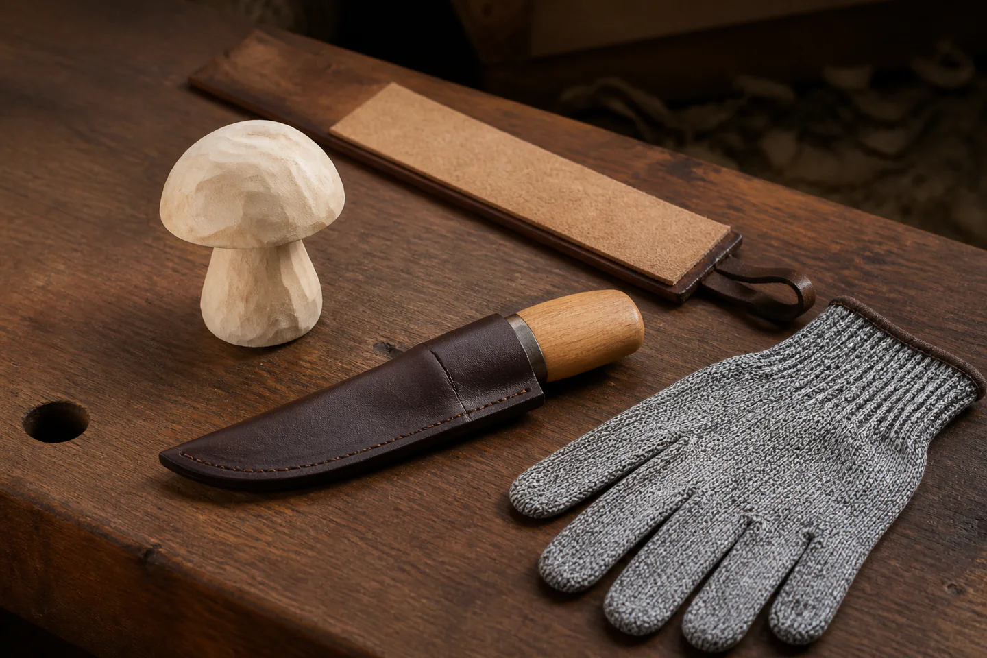 A simple partly carved basswood fox beside a carving knife in a sheath, a leather strop and cut-resistant glove on a tidy bench, no hands, text or logos