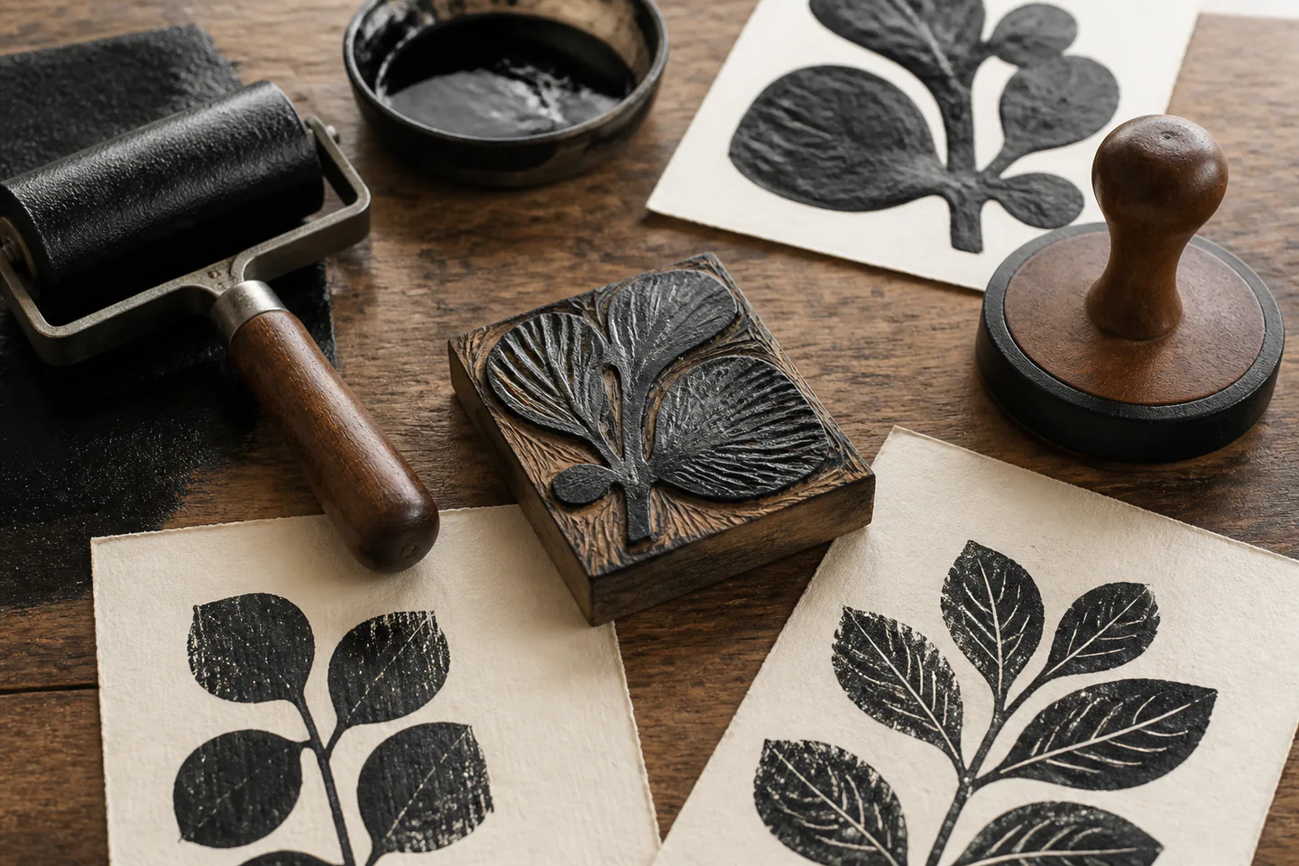 Small carved wooden printing block beside black ink, brayer, baren and several botanical proof prints on cream paper