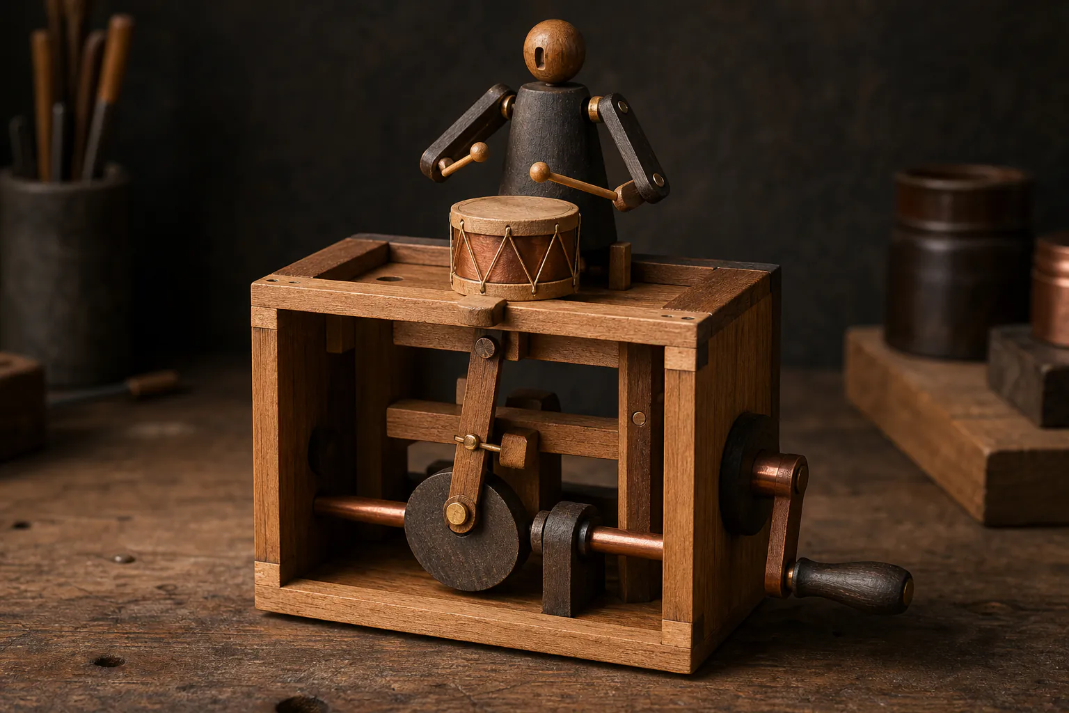 Open wooden automaton showing a hand crank, offset cam, follower and simple moving figure on a workbench