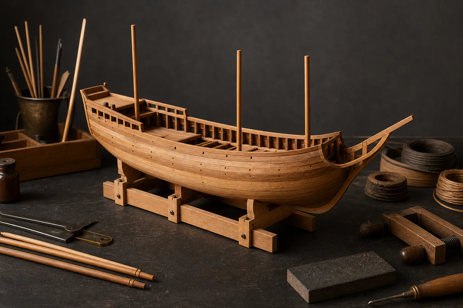 Part-built wooden model sailing ship on a tidy bench beside miniature clamps, sanding block and coiled rigging thread with no text