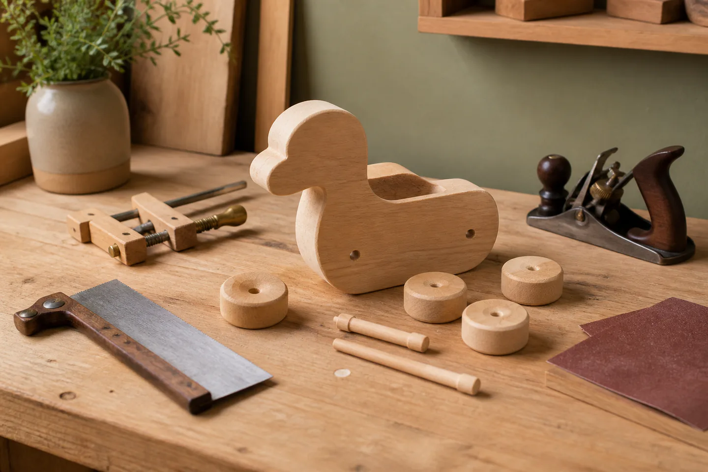 Unpainted wooden pull toy body with four wheels and axles beside a small backsaw, block plane and clamps on a clean bench