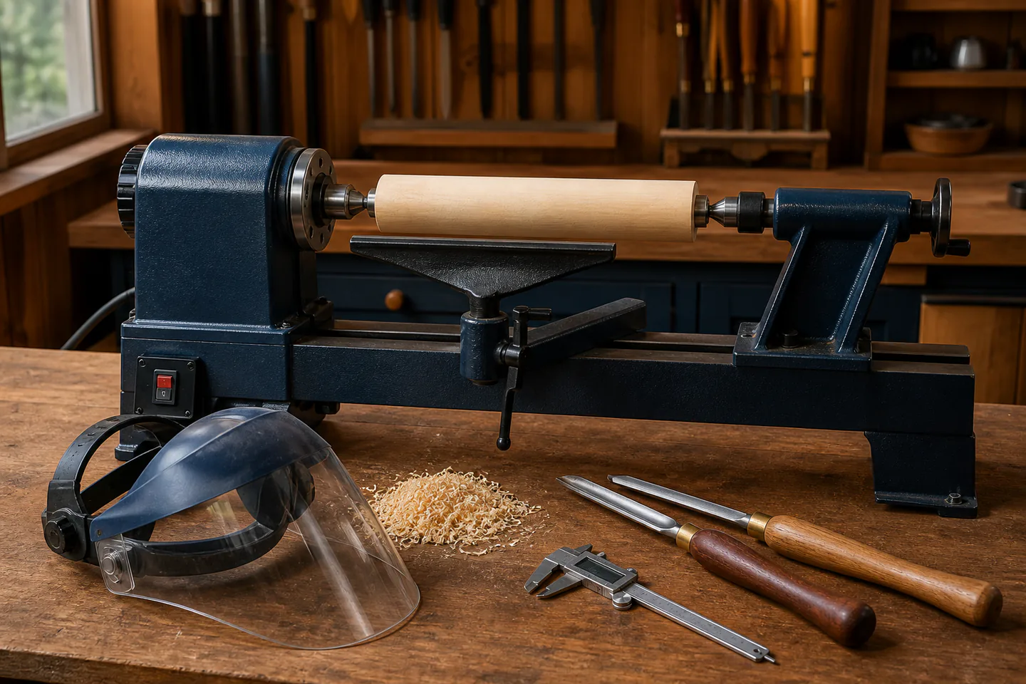 Small wood lathe switched off with a smooth practice spindle mounted between centres beside impact visor, gouge and measuring callipers