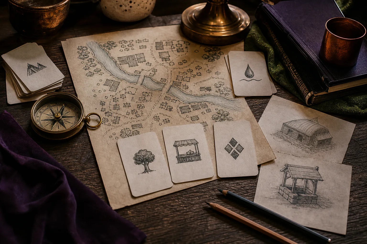 Desk with a hand-drawn fantasy settlement map, object sketches and blank reference cards without readable labels