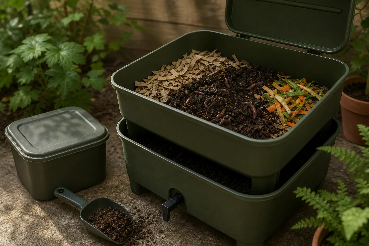 Open tiered worm composting bin with dark crumbly bedding, shredded cardboard and vegetable peelings beside a small scoop with no text