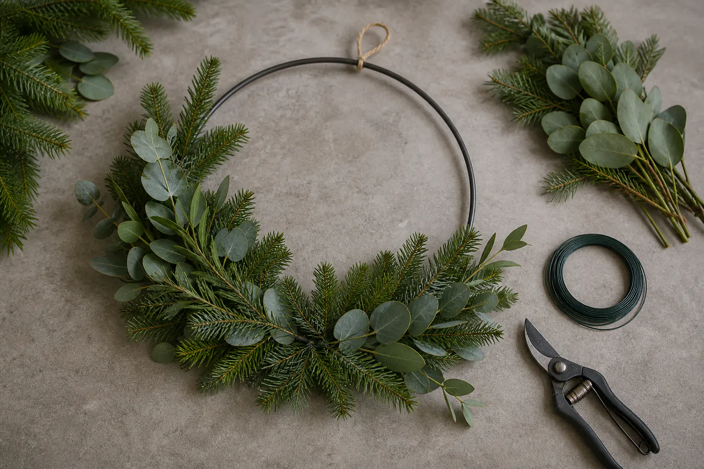 A simple asymmetrical evergreen and eucalyptus wreath on a natural ring beside florists wire, secateurs and spare foliage on a dark table, no hands, logos or text