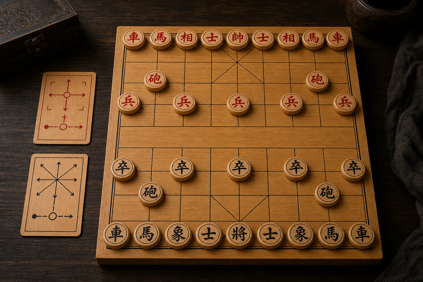 Wooden xiangqi board with round red and black Chinese chess pieces arranged in starting position beside movement reference card