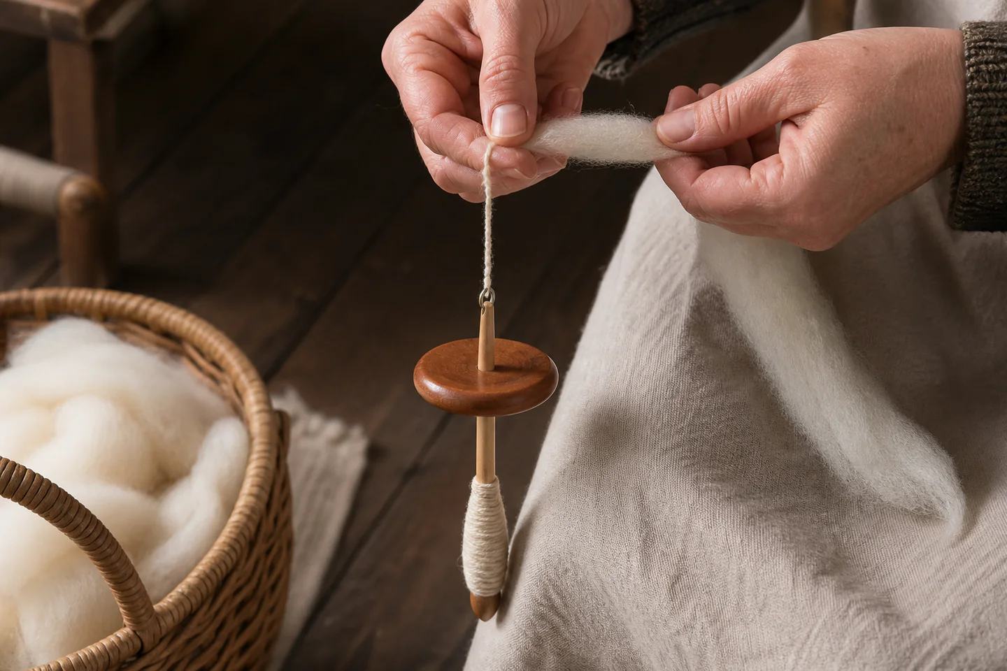 Hands drafting pale wool fibre into a twisting single yarn on a wooden top-whorl drop spindle