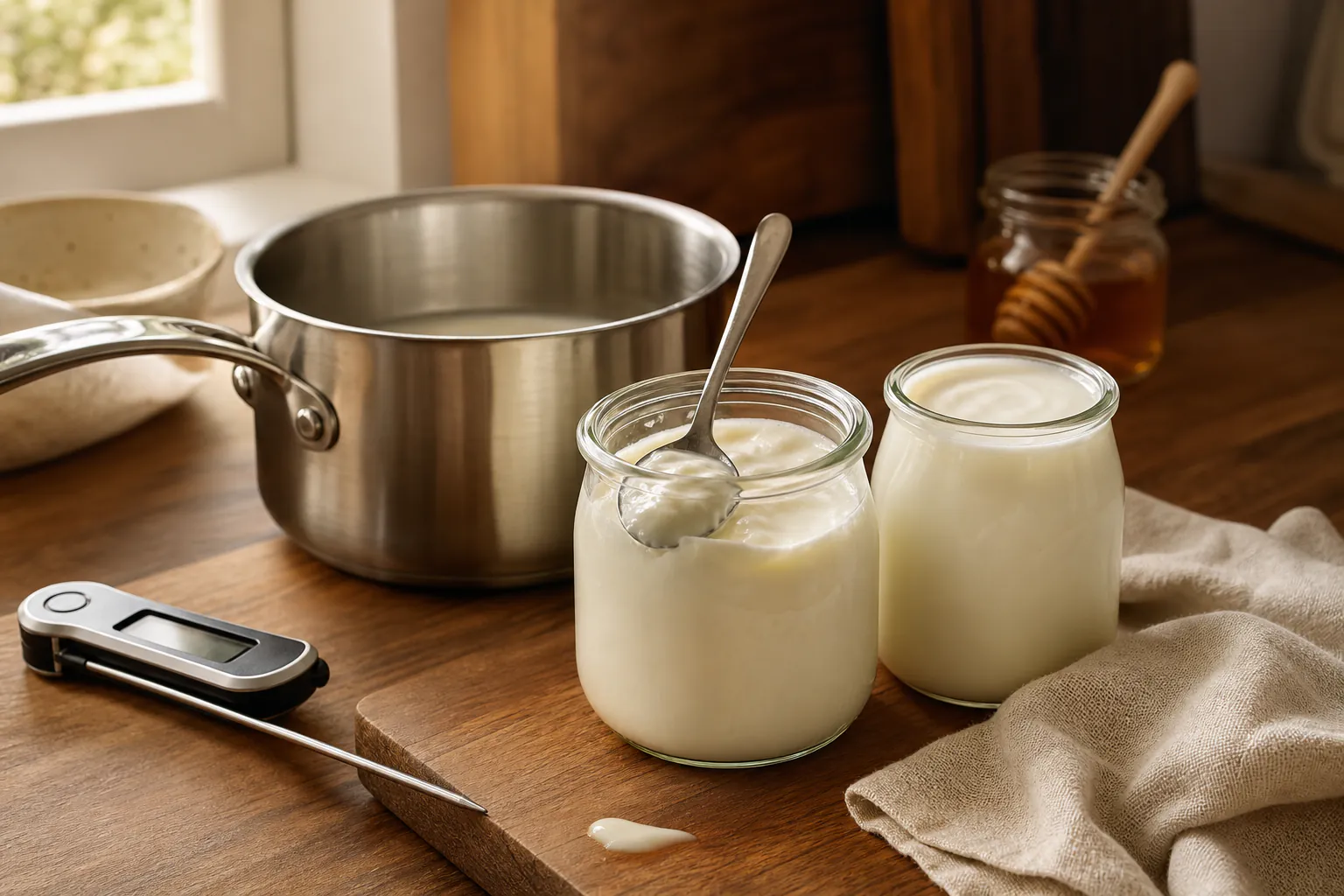 Glass jars of plain homemade yoghurt beside a milk pan, digital thermometer and spoon on a clean kitchen surface